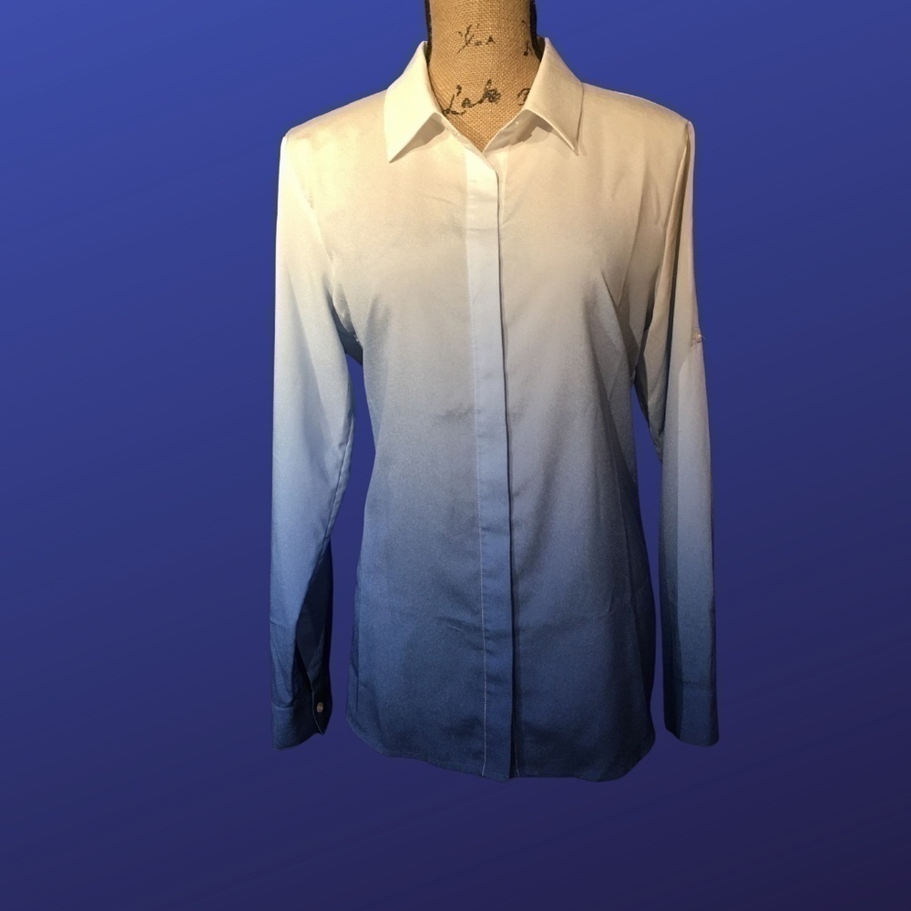 𝅺calvin KLEIN 100% Polyester OMBRE DIP DYE Roll Tab Blouse, NWOT, Size Small
